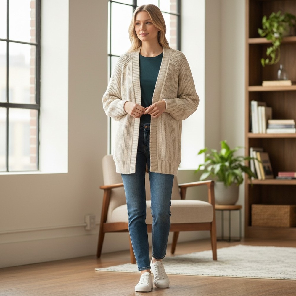 Gap Women Beige Ribbed Open Front Cotton Cardigan Sweater 679981-00-1 L Petite